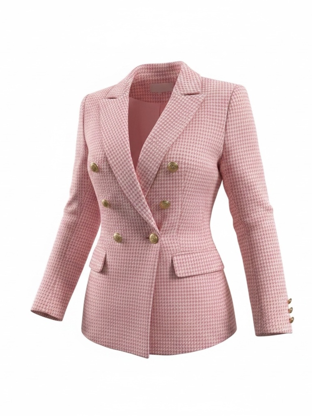 Pink Double-Breasted Houndstooth Blazer with Gold Buttons